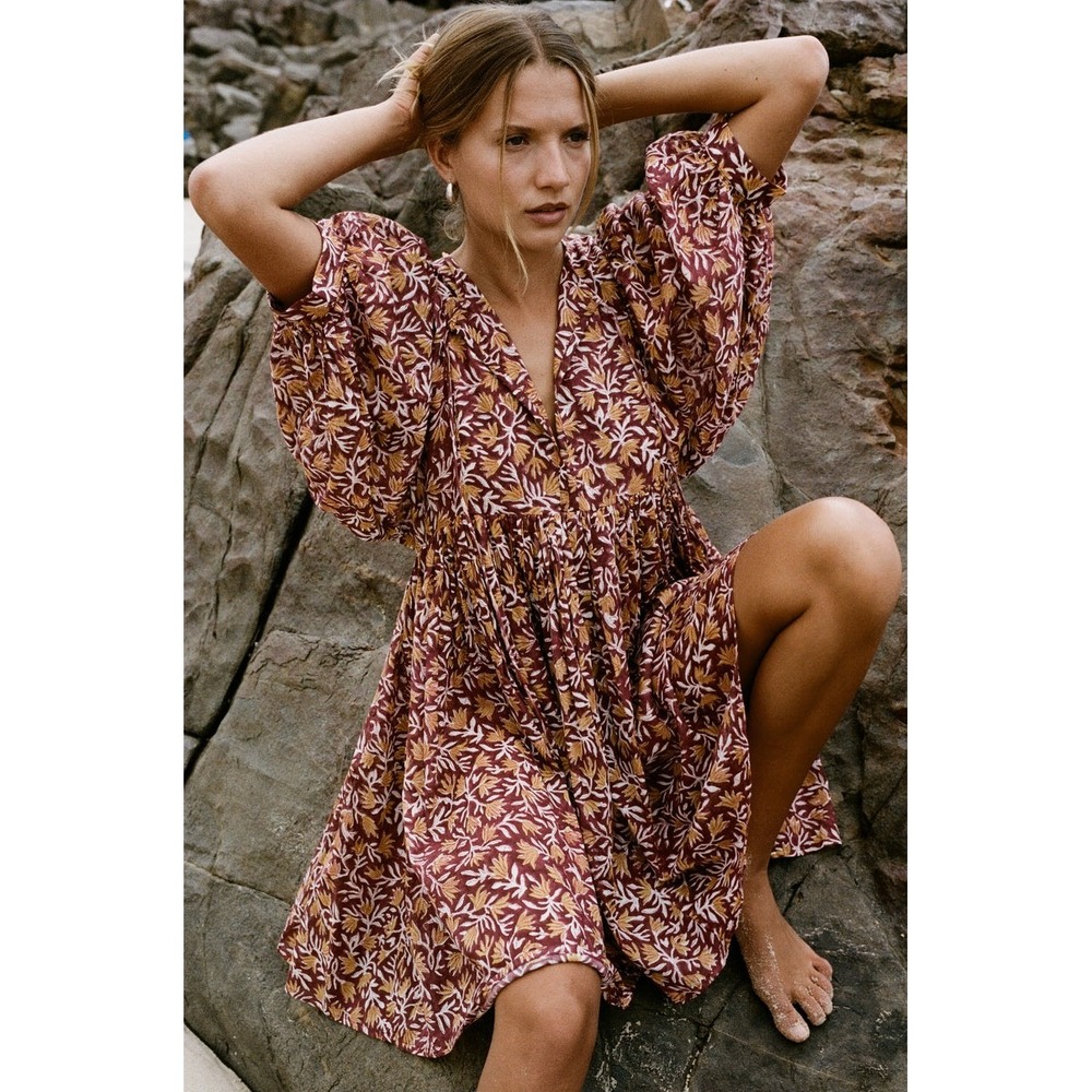 Daughters of India Kyra Mini Dress Sumac Floral Block Print Cotton Boho Medium